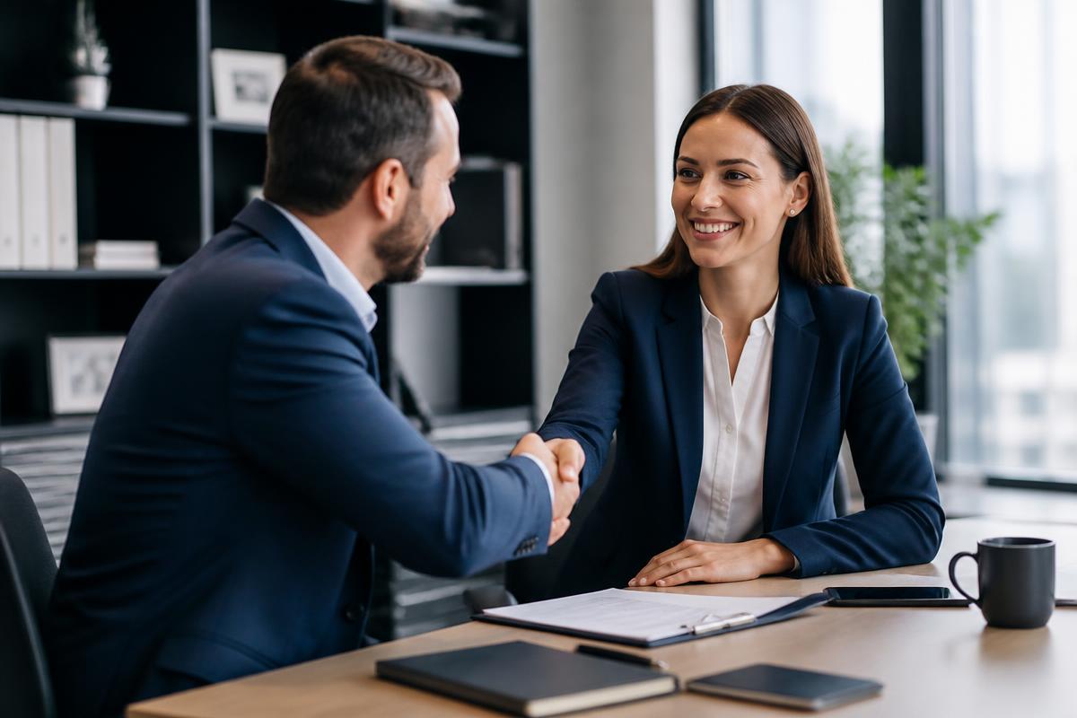 Two professionals shaking hands in a modern office