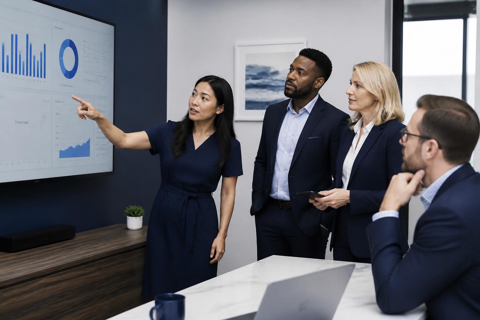 Marketing team reviewing call campaign performance on a large screen
